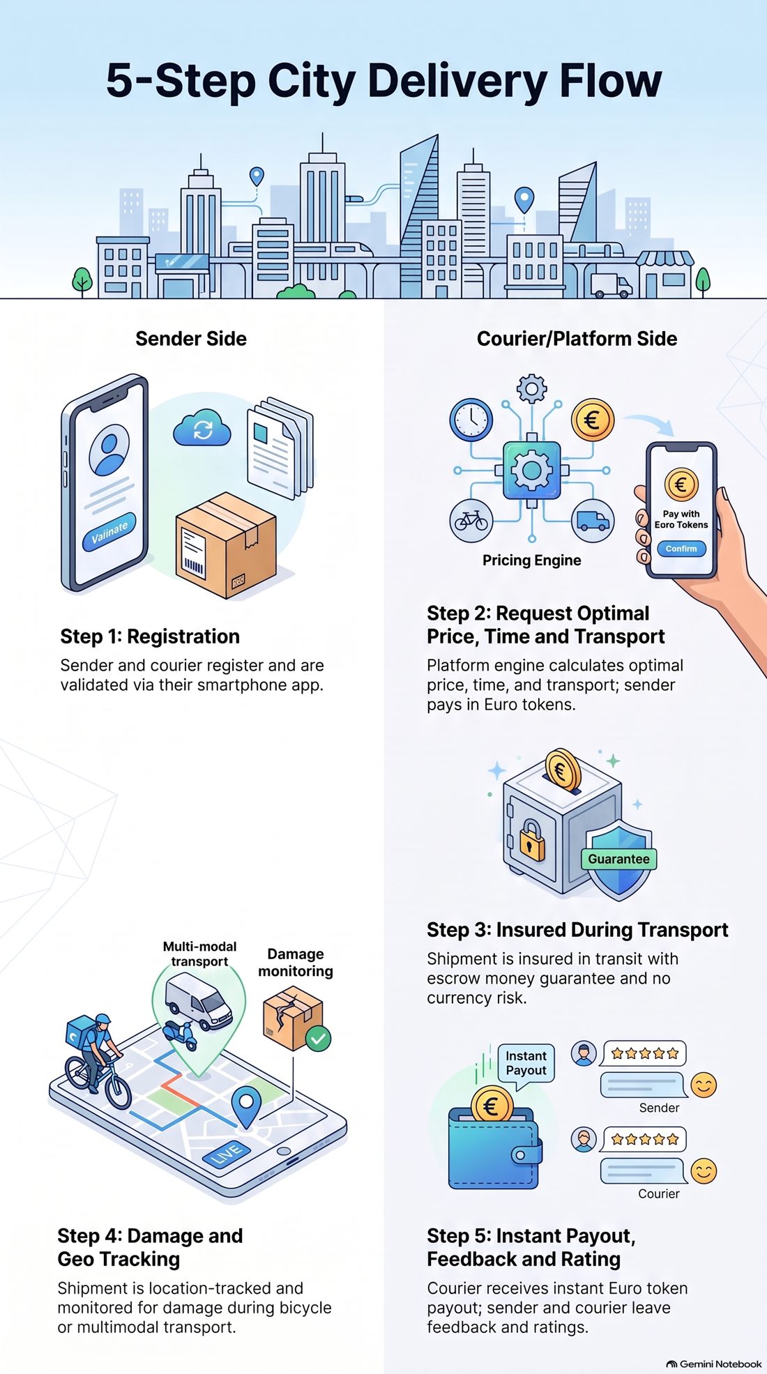 Illustrated 5-step city delivery flow: registration, pricing engine, insured transport, damage and geo tracking, instant payout and rating.